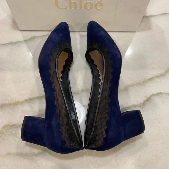 Chloe Heels size 40 Navy Suede Black Mesh - Picture 9 of 16